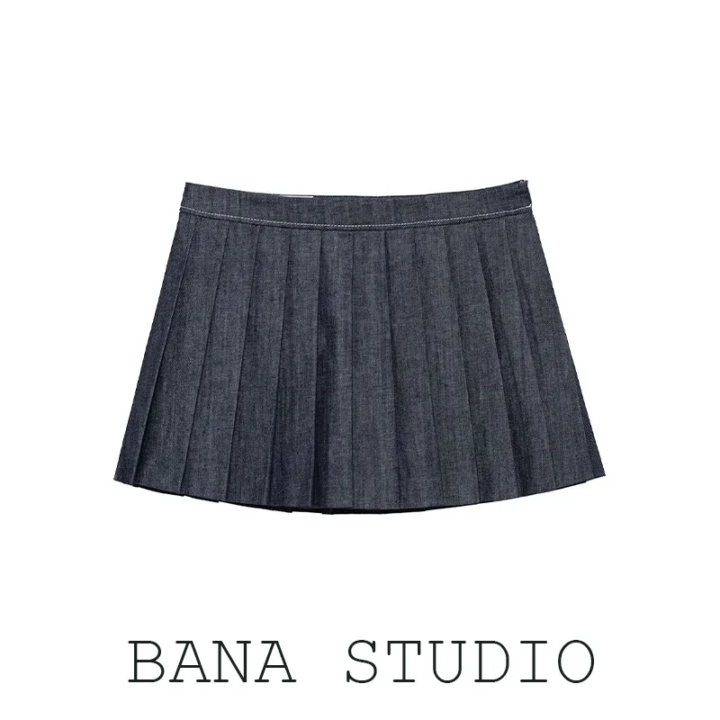 

BANA Deep Blue Wide Pleat Denim Skirt High Waist A-Line Anti-Light Semi-Body Skirt Women's Faion Commute Sle