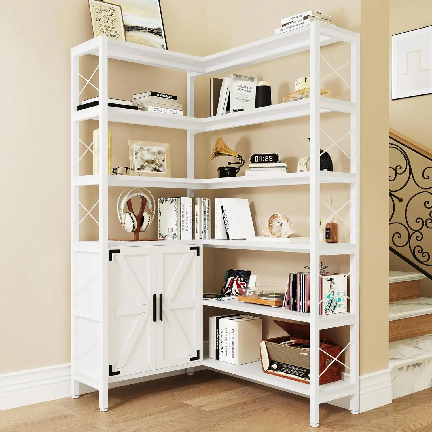 

6-Shelf Corner Bookshelf, Vintage Industrial Corner Shelf Etagere Bookcase, Large Book Shelf with Metal Frame Open Storage Corne