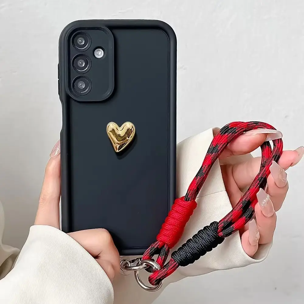 A73 A53 A33 A23 A13 A03 Core A03S With Lanyard Gold Heart Soft Phone Case For Samsung Galaxy A54 A34 A24 A14 A04 A04E A04S Cover