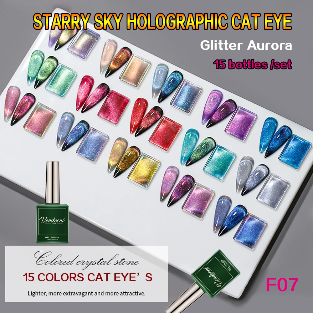 Vendeeni 15 Colors/set Glitter Cat Eye Crystal Gel Nail Polish UV Reflective Aurora Chameleon Gel Varnish With Color Card