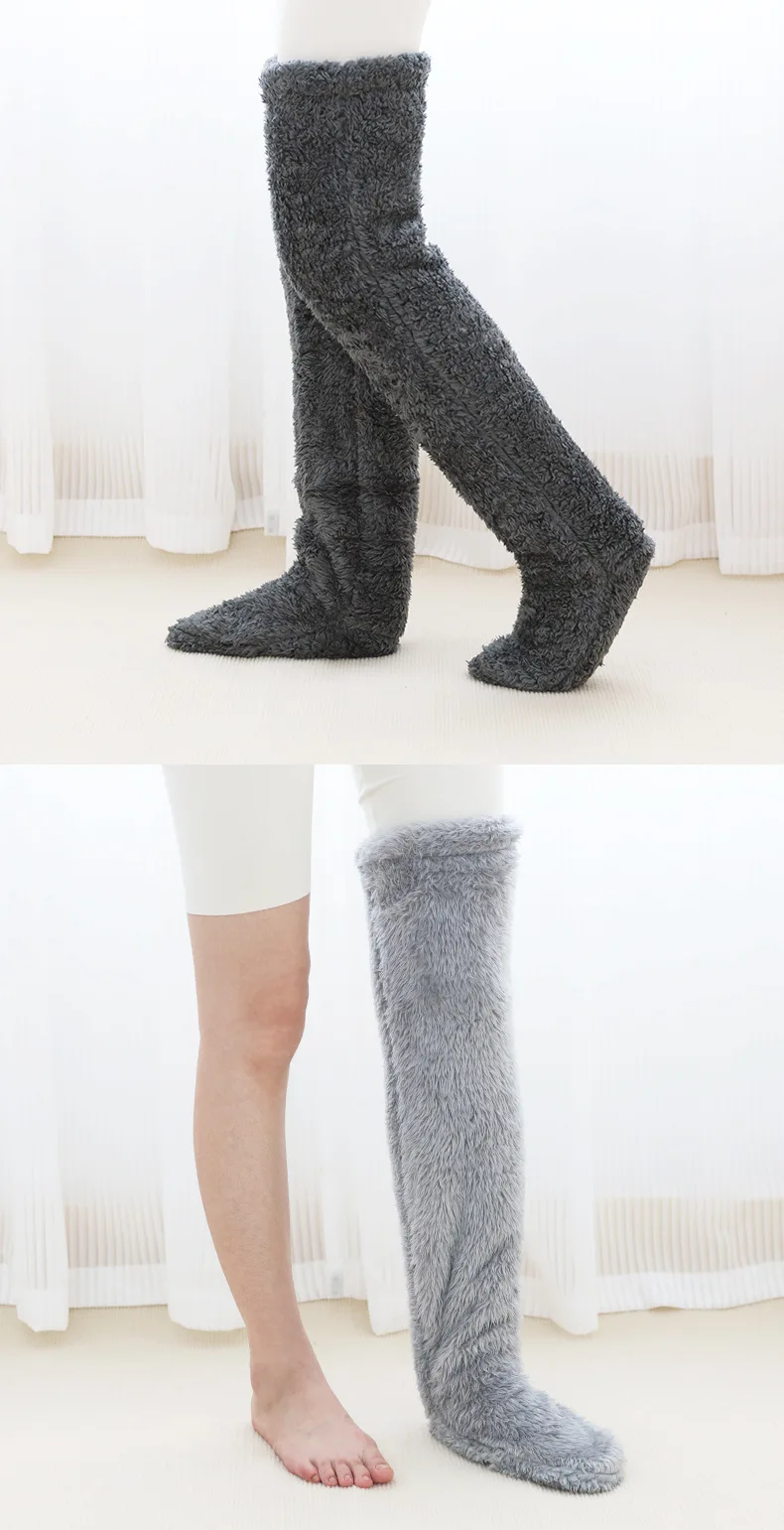 Heiße flauschige Oberschenkelstrümpfe für schwangere Frauen, ältere Beine, kuschelnde lange Pfoten, flauschige Leggings über Knieschuhe, haarige Strümpfe – Detail 13