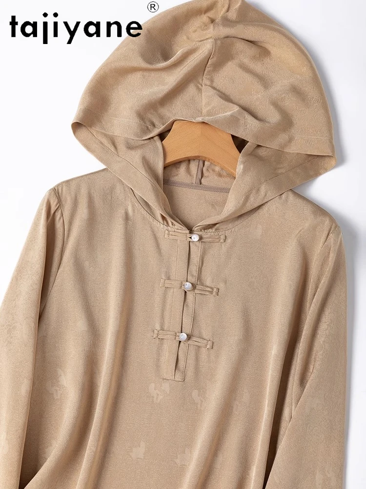 TAJIYANE 93% Real Mulberry Silk Blouse Elegant Jacquard Shirts Woman with Hood 21MM Loose Blouses Spring Summer Clothes Блузка
