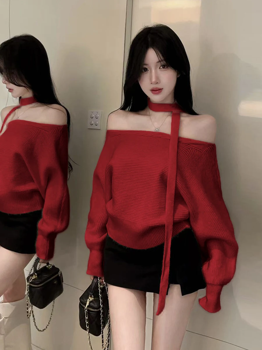 Ladies Long Sleeve Knitted Sweater Sexy Loose Fit Shoulder Bared Draped Vintage Fashion Inner Wear Base Layer Top for Autumn