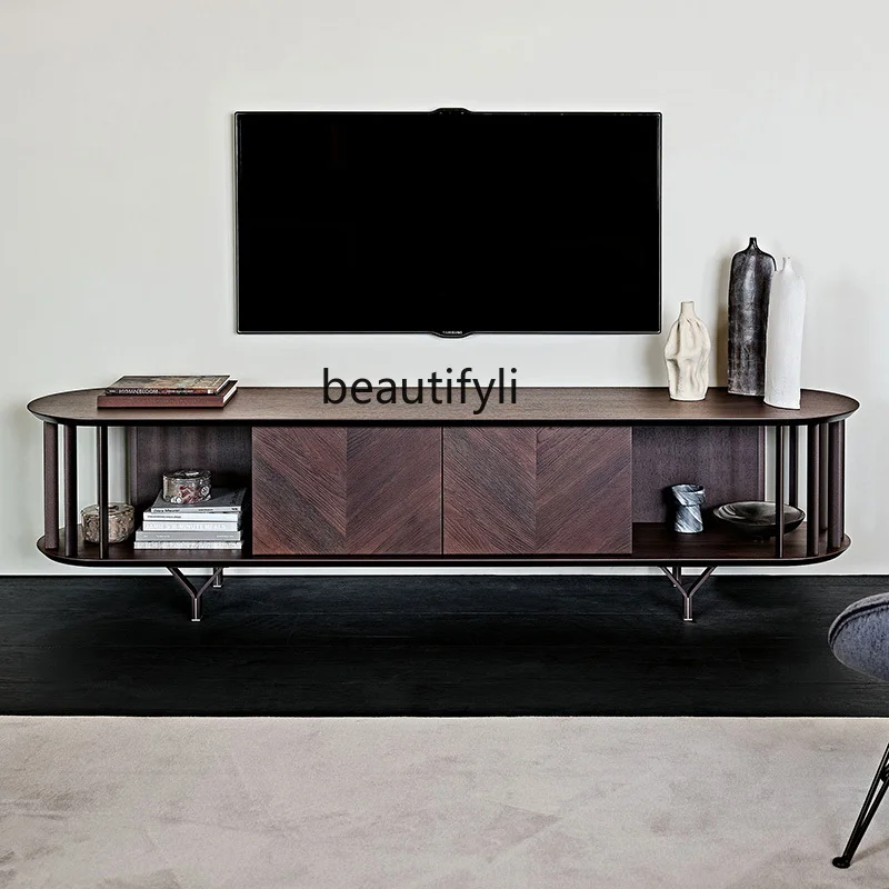 Italian Light Luxury Solid Wood TV Cabinet Fishbone Pairs of Patterns Locker Modern Minimalist Sideboard Cabinet