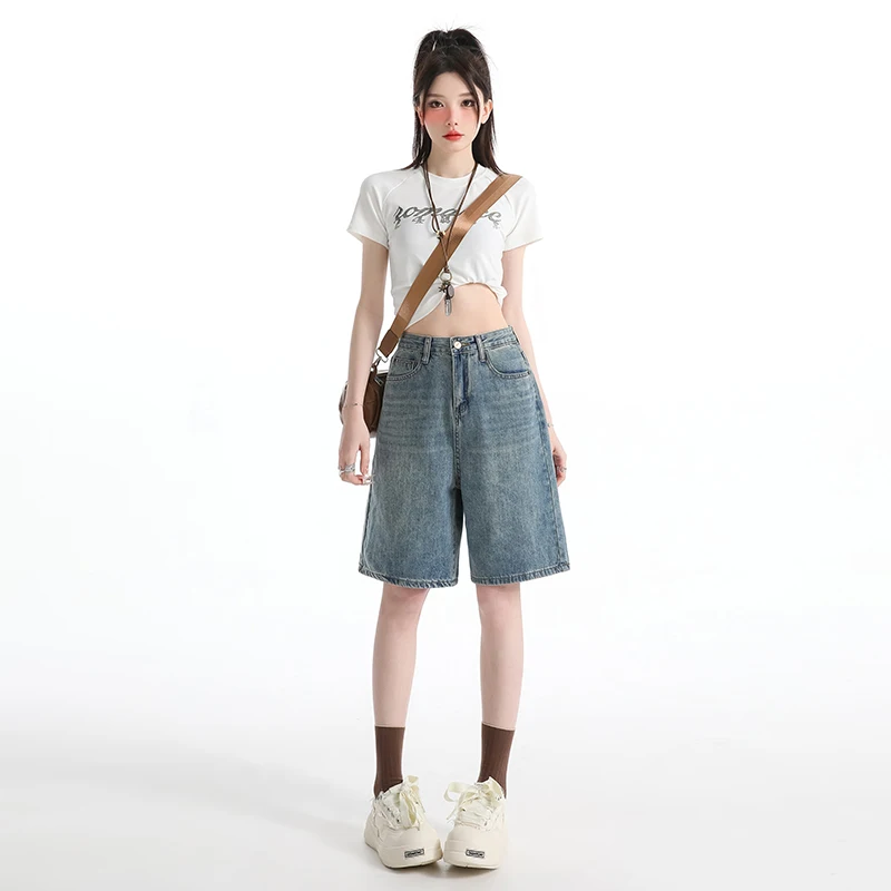 Women's High Waist Wide Leg  Y2K American Retro Washed Five-Point Denim Shorts Summer Loose Slim Straight Cut Mid-Length Pants