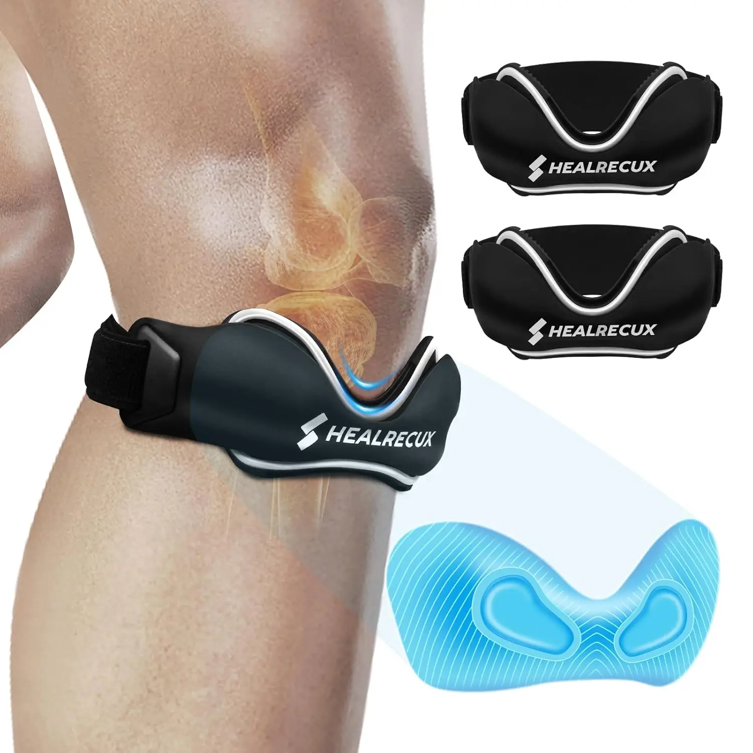 

Patellar Tendon Support Strap, Silicone Knee Band for Jumpers Knee, Tendonitis, Sports - Black 2 Pack