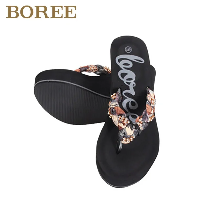 Boree Crystal Women Shoes Flip Flops High Flat Heel Slippers Outdoor Beach Sandals Wedges Platform Slids femme pantoufles