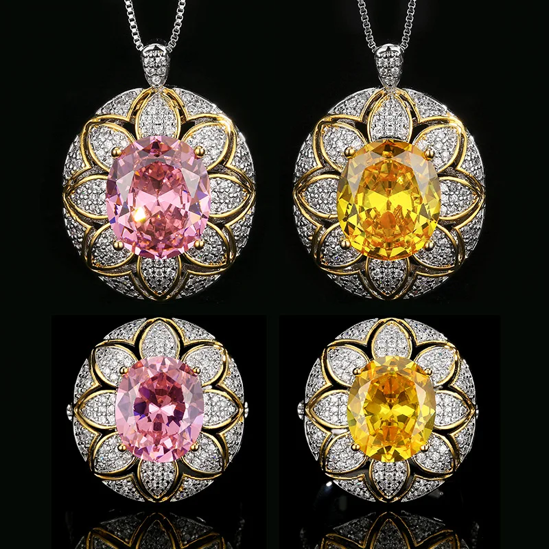

Luxury Flower Design with Oval Pink Yellow Cubic Zirconia Adjustable Ring Necklace for Women Statement Vintage Jewelry for Party