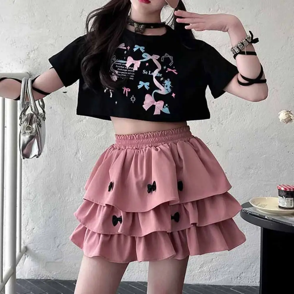 

Elegant Y2K Bow Children Cake Skirt Set Slim Fit Pleated T-shirt Skirt Suit Teenagers Sweet Girls Clothes Set Party