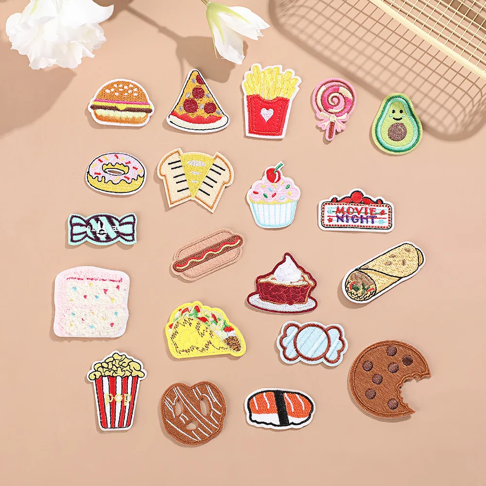 20pcs Cartoon Burger Fries Pizza Patches Stick on Baseball Patches Cake Dessert Candy Stickers for Jeans Clothes Bag Accessories