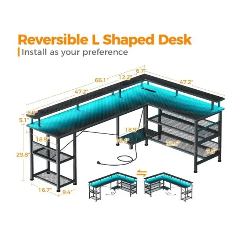 L Shaped Corner Desk with LED Lights Power Socket 3 Fabric Storage Bags Main Frame Computer Workstation for Home Office