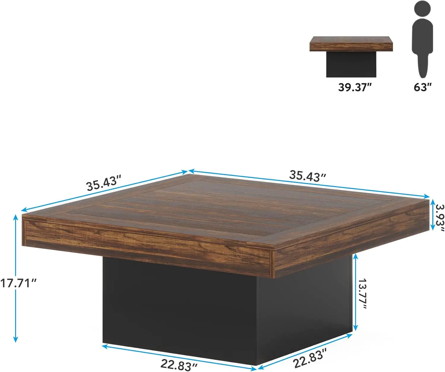 Nueva mesa de centro cuadrada LED, mesa de centro baja de madera de ingeniería para sala de estar (marrón rústico + negro)