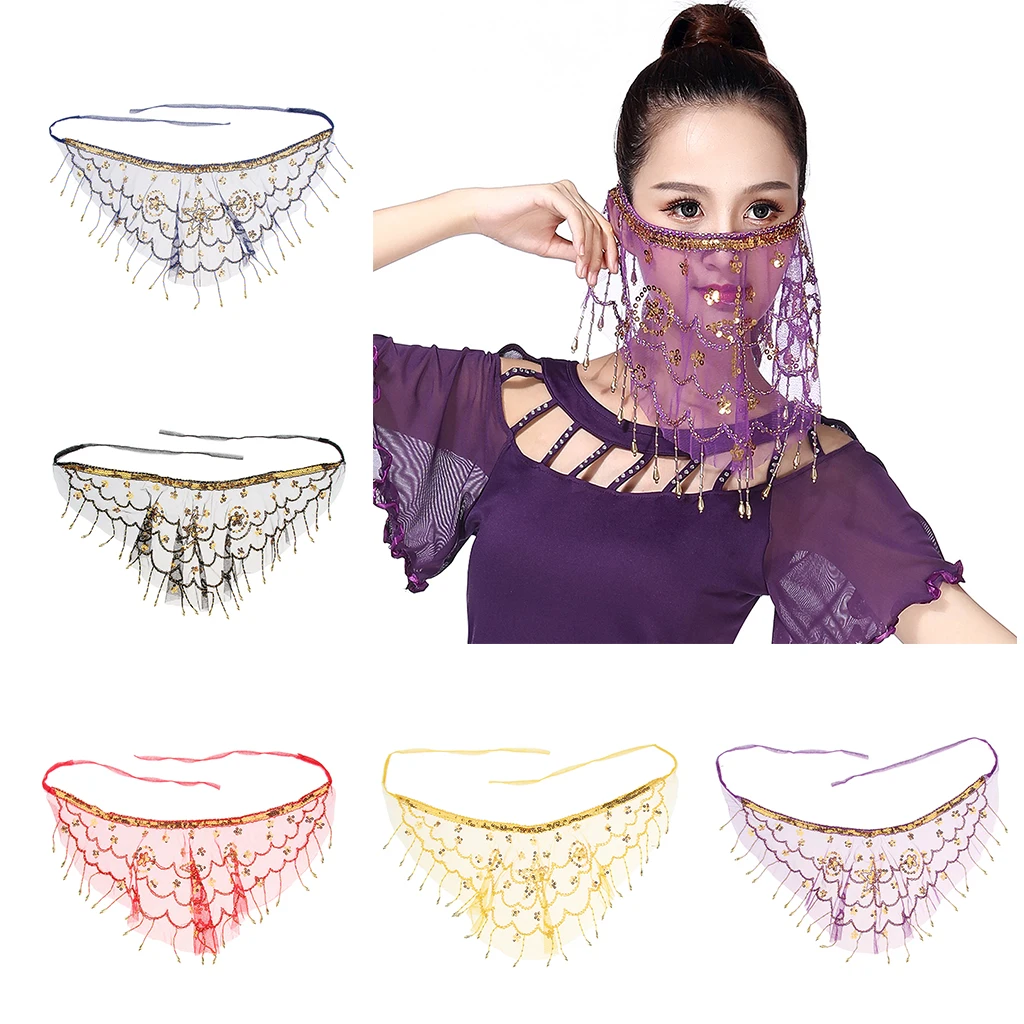 High quality cheap women Indian belly dance sequins Face Veil Water-drop Type Belly Dance Costumes Accessories Practice 5 Colors