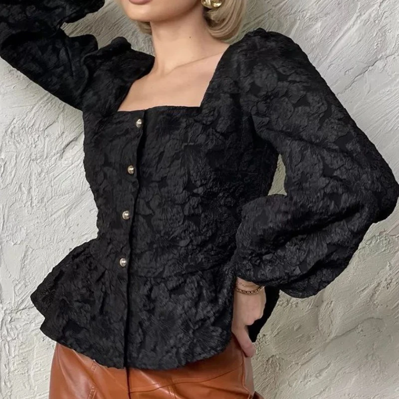 

Vintage Jacaquard Flower Black Elegant Blouse Women Shirt Tops Square Neck Buttons Long Puff Sleeve High Street Shirt French