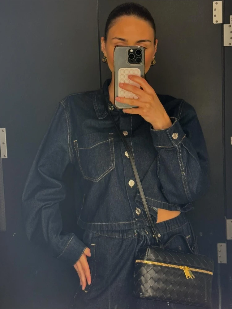 ZBZA Women\'s Denim Shirt Pants Suit Comfort Lapel Denim Long Sleeve Single Breasted Shirt High-waisted Jogger Jeans New Chic Set
