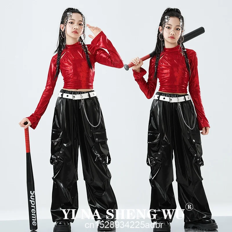 Novas crianças roupas de dança de rua meninas hip hop outfits vermelho topos calças pretas jazz desempenho roupas grupo competição wear