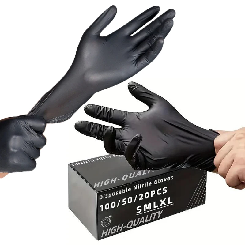 

100/50/20PCS Black Nitrile Gloves Thickened Disposable Gloves for Cleaning Hairdressing Waterproof Dishwashing Tattoo Gloves