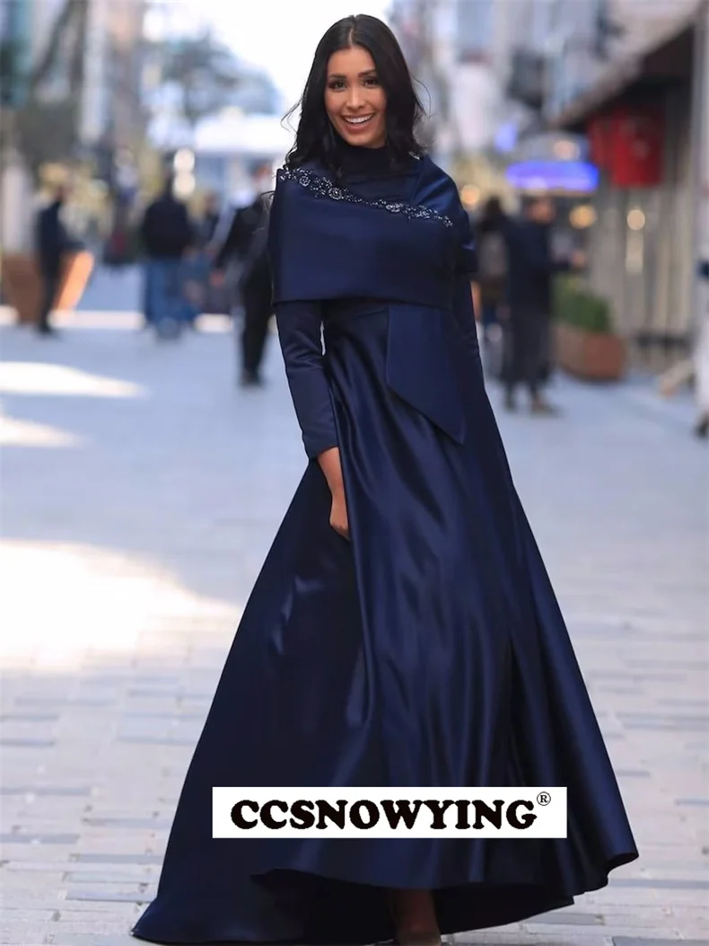 

Navy Blue Long Sleeve Muslim Evening Dress Satin Appliques Hijab Prom Formal Party Gown Arabia Dubai Islamic Robe De Soiree