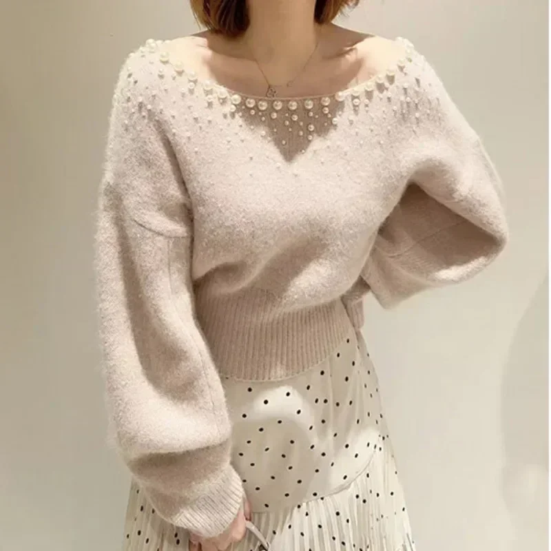 Long Bat Sleeve Ropa Mujer Japanese Pearl Sweater Spring Womens Clothing  Round Neck Pullover Tops Gentle Women Knitwears