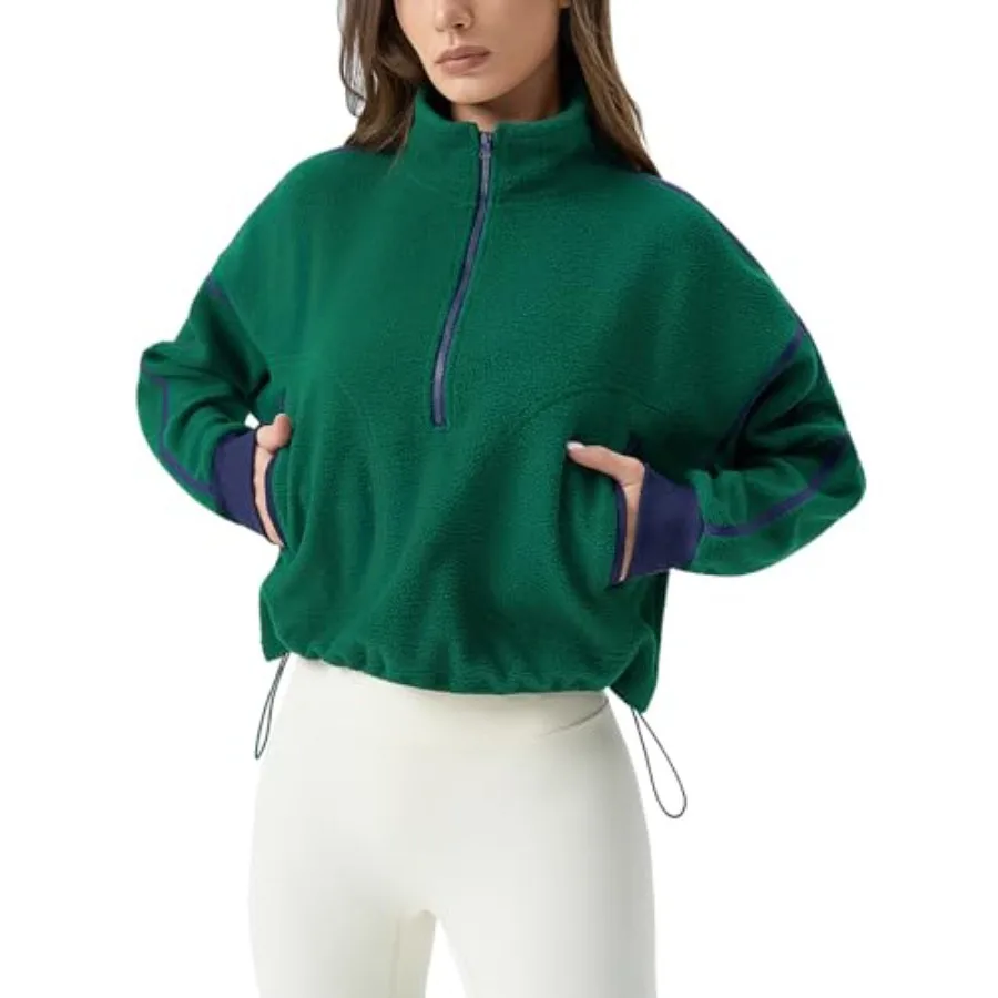 

QINSEN Women's Half Zip Fleece Short Pullover Sweatshirt Winter Long Sleeve Cozy Sherpa Sweater Top