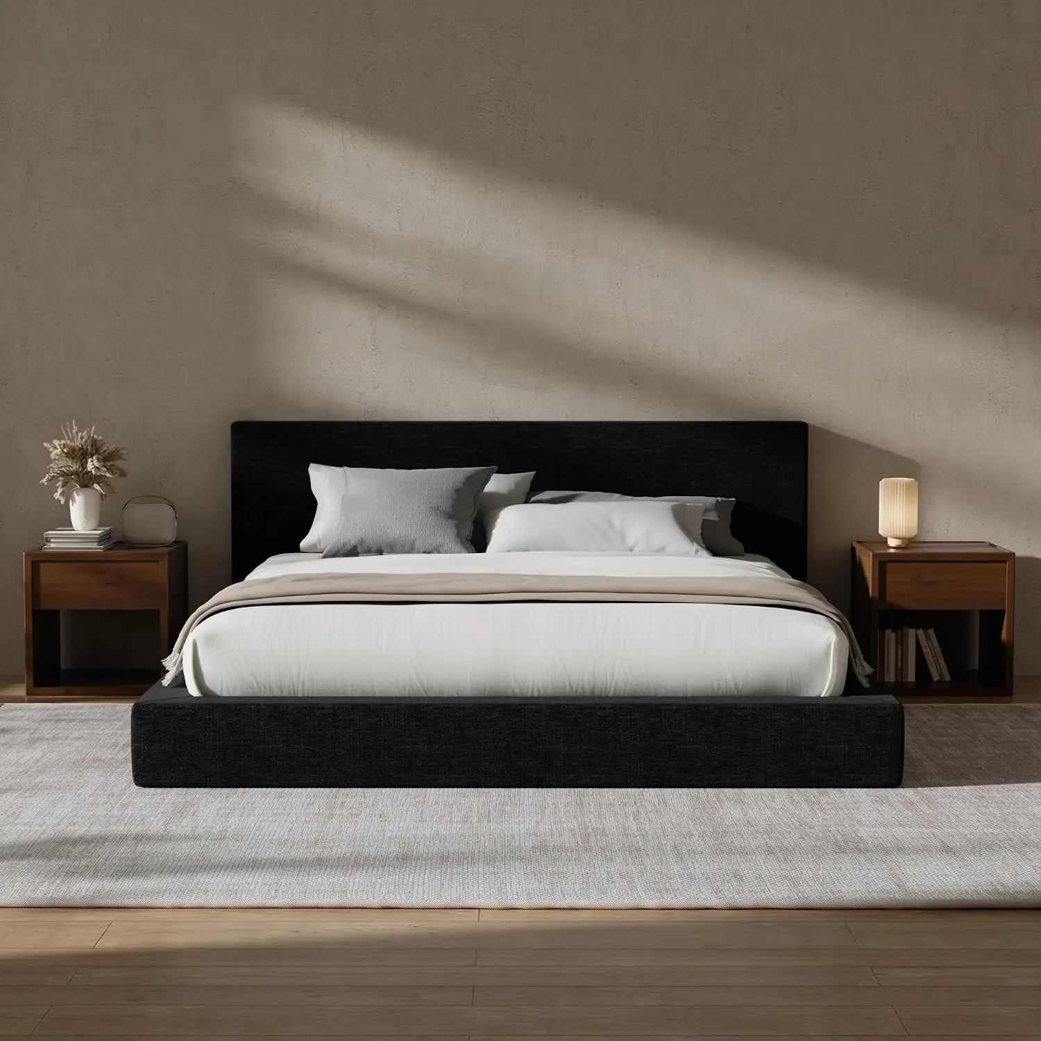 Upholstered Queen Bed Frame Plush Padded Headboard 360° Soft Foam Low Profile No Box Spring Easy Assembly, Customized