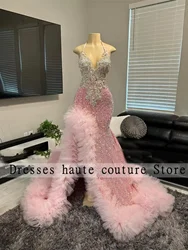 Sparkly Pink Long Prom Dresses 2026 Luxury Black Girl Corset Beaded Rhinestone Ruffles Slit Formal Evening Gala Gown Customized