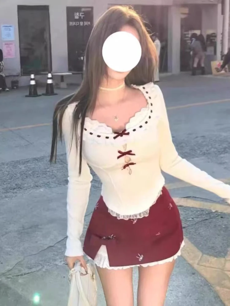 레트로 디자인 스윗 시크 슬림 투피스 세트 여성 우아한 레이스 보우 패치워크 얇은 탑 여성 하이웨이스트 레드 숏 스커트 슈트 신상