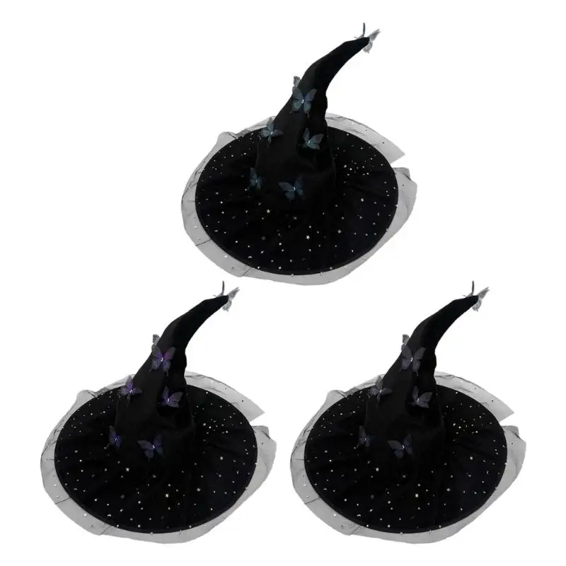

A52E Halloween Party Witch Hat Folded Brimmed Design With Butterfly Decoration For Adults Black Blue