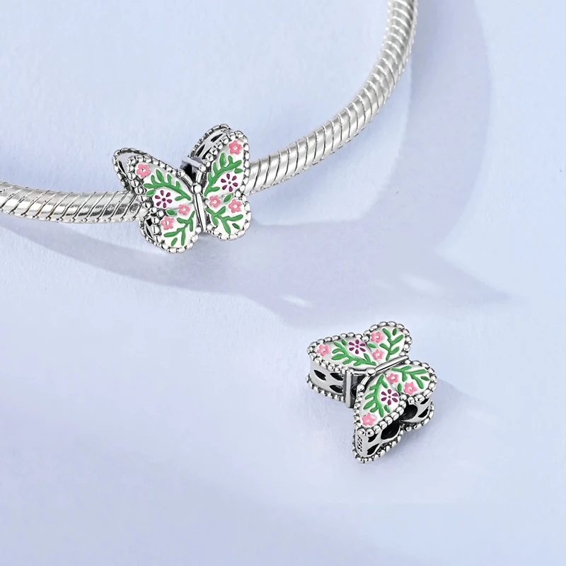 925 Sterling Silver Charms Bead CZ Zircon Colorful Butterfly Painting Dangle Fit Original Bracelet DIY Women Jewelry Gift