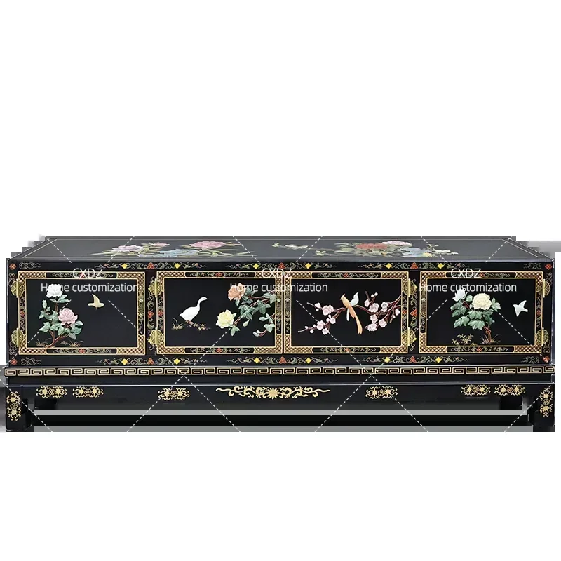 Lacquered Chinese Classical Bone Inlay TV Cabinet Black Background Floral Bird Pattern for Villa Clubhouse Multi Scene
