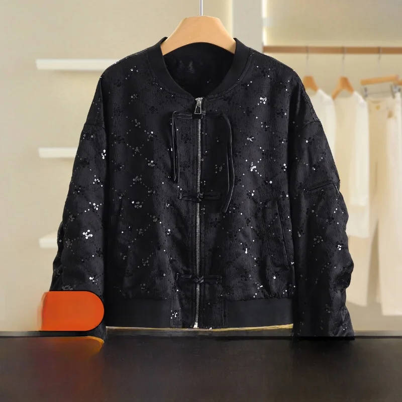

Chinese Sle Button up Baseball Collar Jaet Loose Bead Embellied Outerwear Autumn Women's Faion Brand New Arrival
