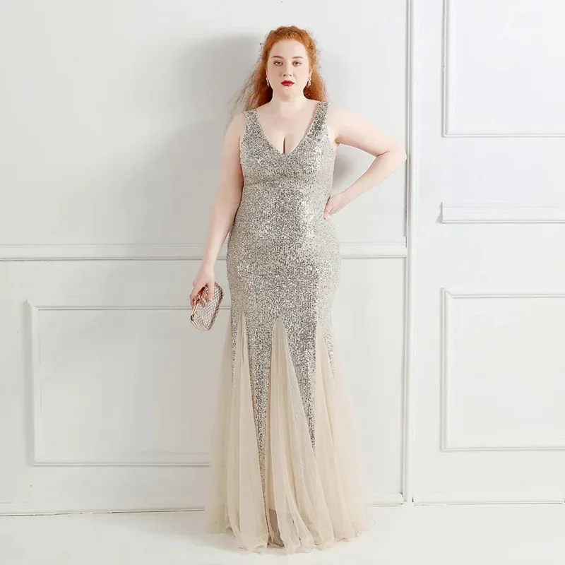 Sladuo-Robe longue en tulle à paillettes pour femme, tenue de soirée sexy, col en v, grande taille