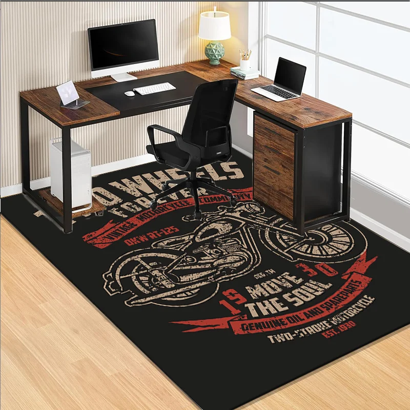 Motorcycle themed desk rug for gaming setup retro bike design computer chair mat Anti slip carpet can be machine washed