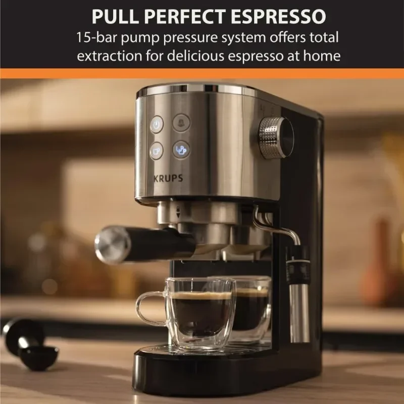 KRUPS Stainless Steel Espresso Machine , Cup Warmer, Espresso Machine with Milk Frother, Easy To Eject Grounds