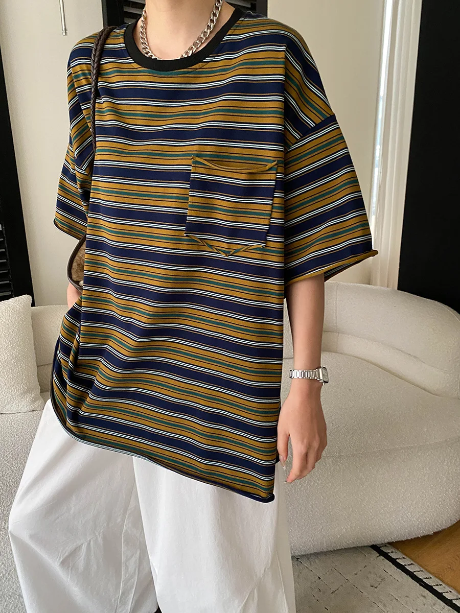 

Early spring new retro contrasting striped round neck single pocket loose casual short sleeved T-shirt