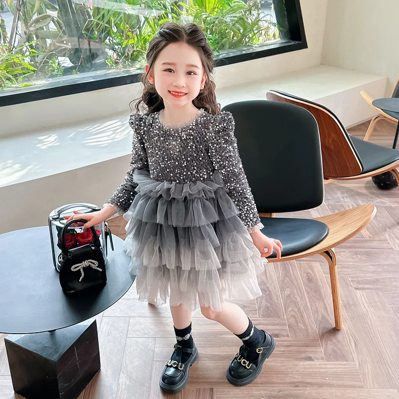 New spring and autumn long-sleeve performance & birthday dress for kids, fashionable gradient sequin tulle dress for girls.