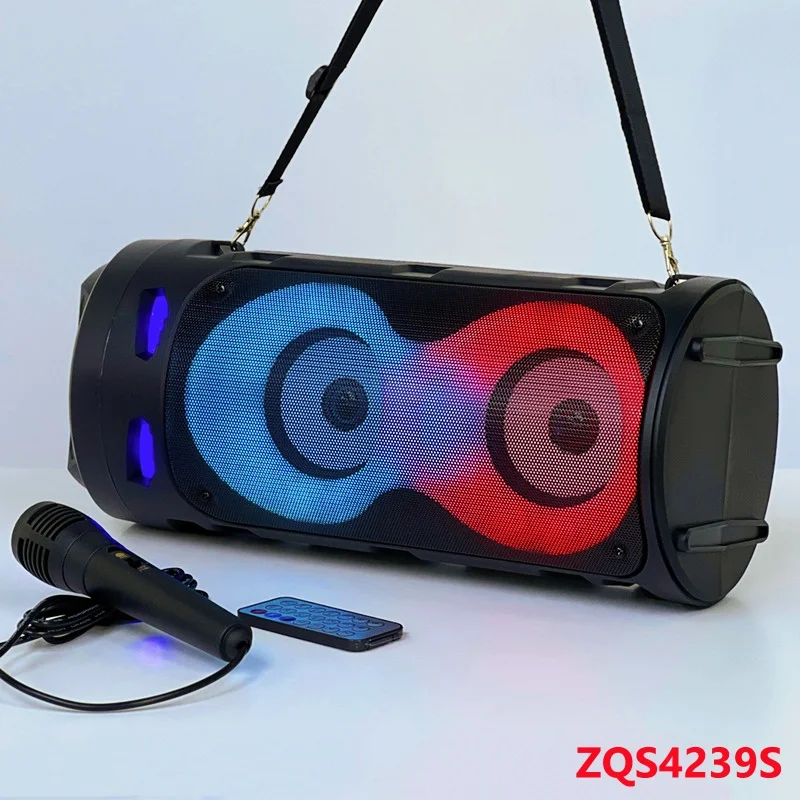 ZQS4239S 야외 노래방 블루투스 스피커, 서브우퍼 듀얼 4 인치 혼, RGB 컬러 램프 효과 확성기, 유선 마이크 포함