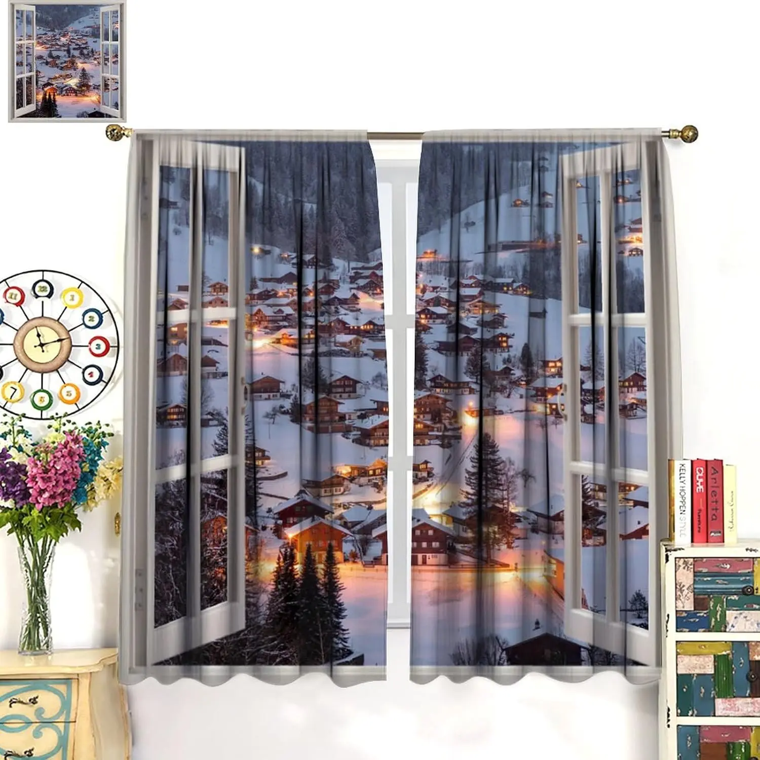 Landscape Blackout Curtains, Winter Wonderland Small Town Snow Scene Rustic Style Window Treatments, Retro Rod Pocket Thermal