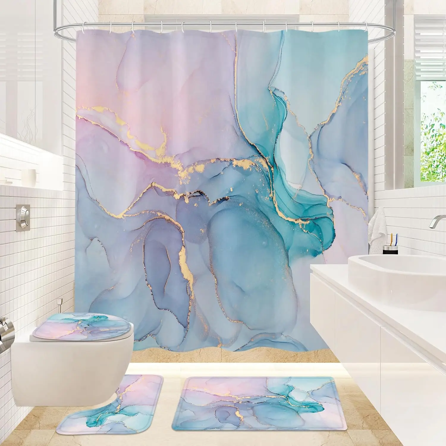 

4 Pcs Bathroom Shower Curtain Set with Non-Slip Rugs, Toilet Lid Cover and Bath Mat, Blue Pink Marble Bathroom Decor Set