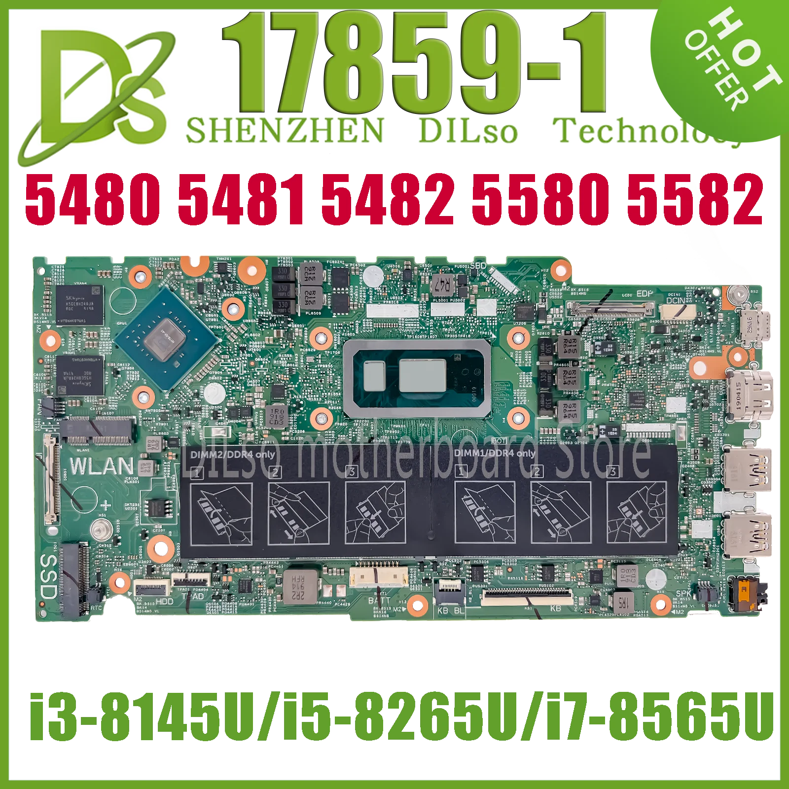 KEFU 17859-1 For DELL Inspiron 14 5480 5481 5482 5488 15 5580 5582 Laptop Motherboard With i3-8145U i5-8265U i7-8565U DDR4*2 V2G