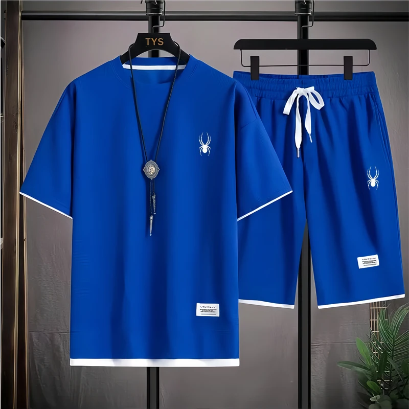 2024 Men\'s new Waffle Summer Suit Casual T-shirt + Shorts Suit Men\'s Tracksuit Solid color tracksuit loose suit