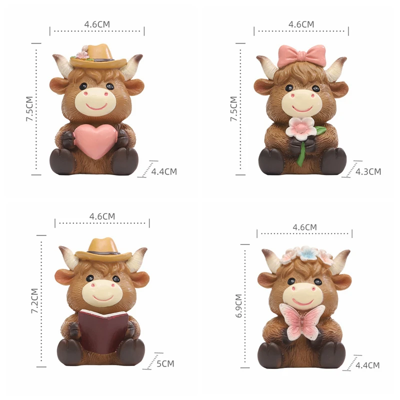 4 Pcs Highland Cow Resin Figurines, Scottish Highland Cow Resin Statue Calf Lovers Gifts for Home Garden Office Table Decor