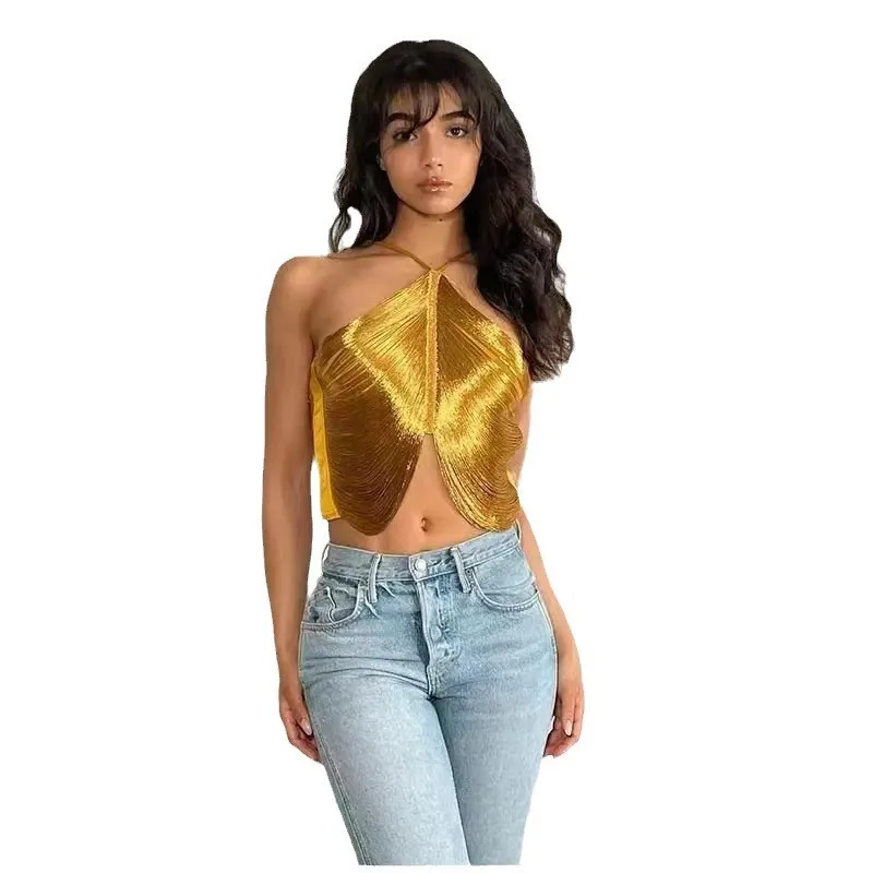 Halter Neck Asymmetrical Hem Cropped Top Edgy Street with Tassel Trim Wear as Outerwear Non Removable Straps Tank Top for Women