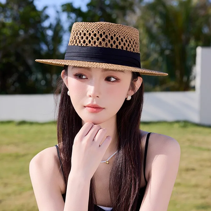 New fashionable and casual three-fold woven ribbon hand-woven sisal hollowed-out top wide-brimmed hat for
