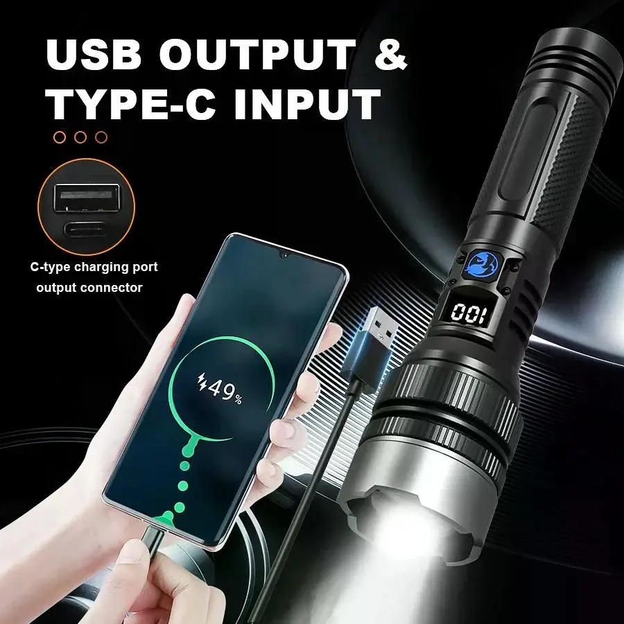 C2 ไฟฉาย LED พลังงานสูงชาร์จ USB ที่มีประสิทธิภาพซูมตระเวนไฟฉายโคมไฟกลางแจ้งป้องกันตัวเองฉุกเฉินตั้งแคมป์ไฟทํางาน