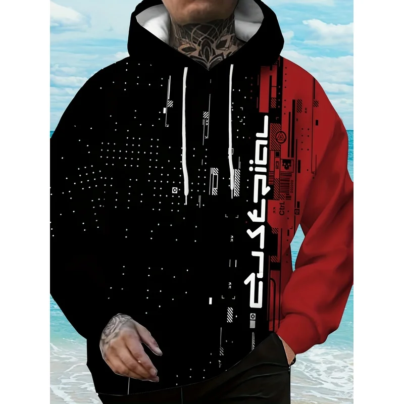 Men's Cyberpunk Style Hoodie Plus Size HD Print Futuristic Design Casual Trendy Men's Top