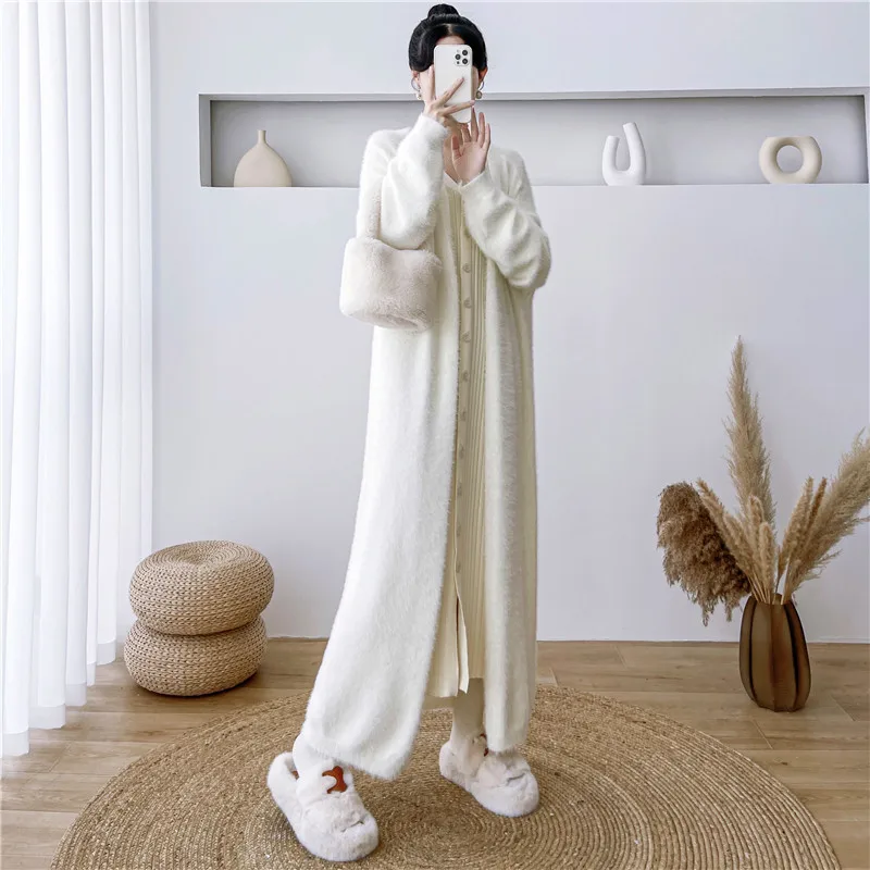 New Knitted Long Sweater Cardigan Women Idle Style Loose All-Match Mink-like Wool Warm Coat Overcoat