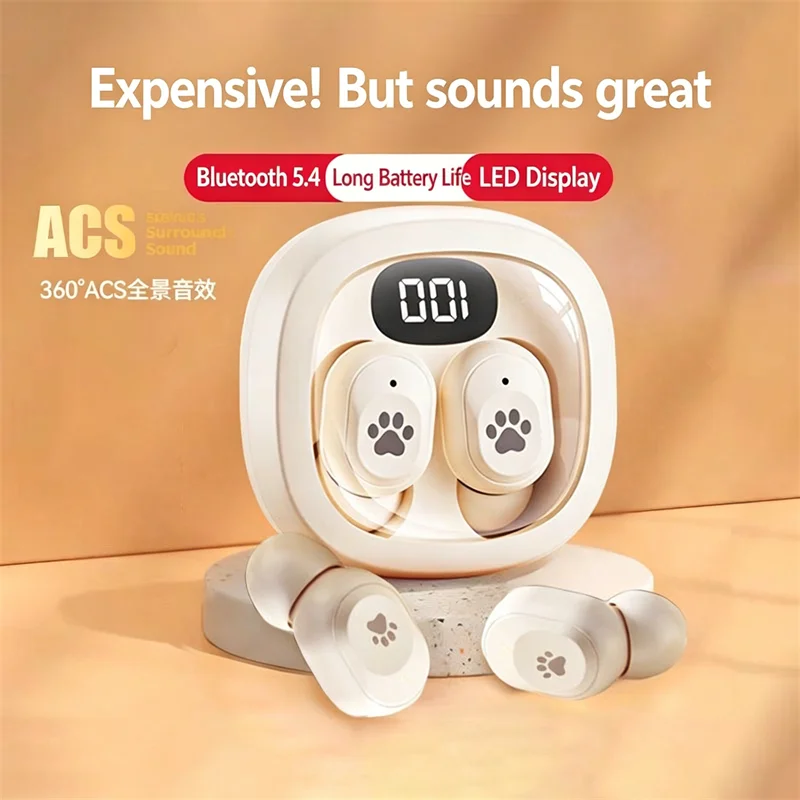 Mini-Bluetooth-Kopfhörer, leicht, lange Akkulaufzeit, Katzenpfotenmuster, niedlicher kleiner Kopfhörer zum Musikhören, Verwendung für Telefon, PC