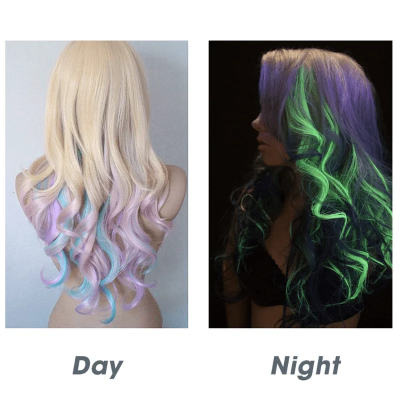 Neon Glowing Colorful Luminous Synthetic Hair Extension Clip-One Piece Shining Hair for Night Fashion Decorative Hair Accessory