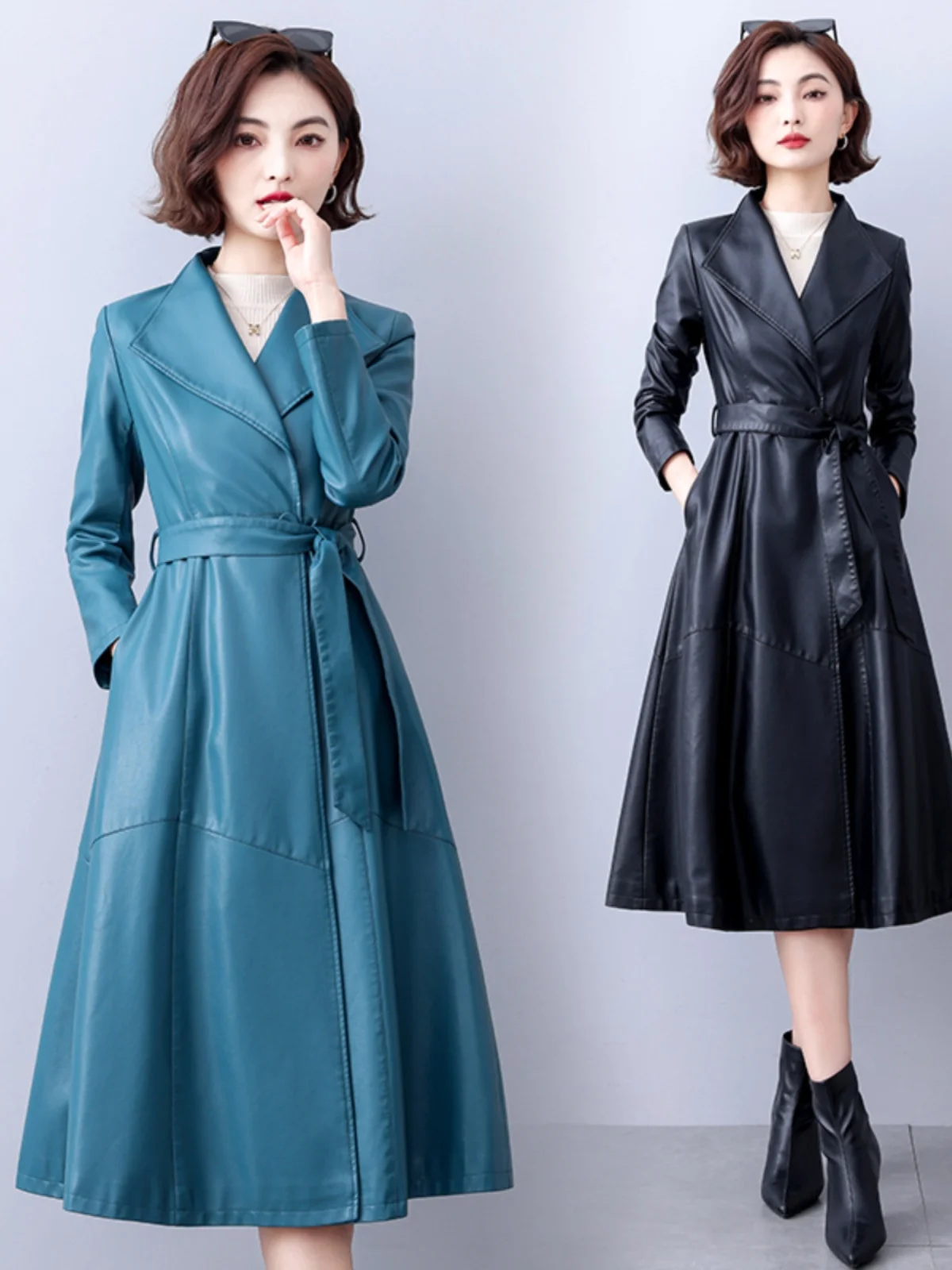 Cappotto in Vera Pelle Haining da Donna, Lunghezza Media, Autunno Inverno 2023, Slim Fit, Antivento, con Cintura in Vita